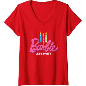 imageWomens Barbie  Birthday Lets Party Candles VNeck TShirtRed