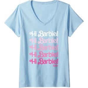 imageWomens Barbie The Movie  Hi Barbie Stacked VNeck TShirtBaby Blue