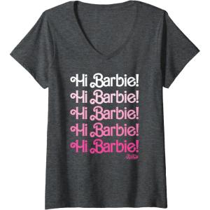 imageWomens Barbie The Movie  Hi Barbie Stacked VNeck TShirtDark Heather Grey