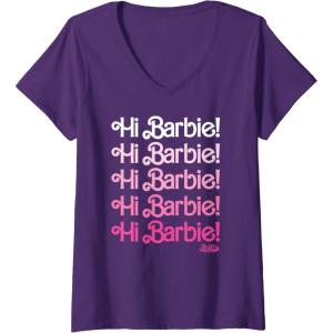 imageWomens Barbie The Movie  Hi Barbie Stacked VNeck TShirtPurple