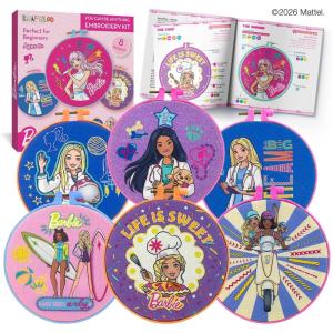 image:imageOfficially Licensed Barbie Beginner Embroidery Kit for Kids Ages 812  8 Designs 2 Hoops Needles Thread  Complete Sewing Arts and Crafts Gift for Girls