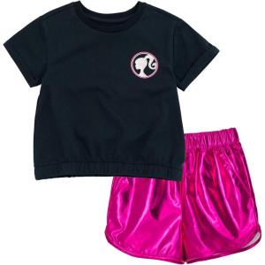 image:imageBarbie Girls Crop Top TShirt and Metallic Shorts Outfit Set Toddler to Big Kid Sizes 2T  1416Black  Magenta