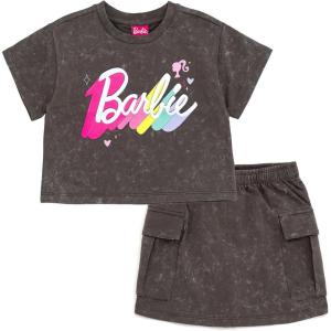 image:imageBarbie Girls French Terry Cropped Drop Shoulder TShirt and Skirt Outfit Set Toddler to Big Kid Sizes 2T  1416Charcoal Gray