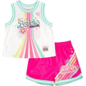 image:imageBarbie Girls Jersey Athletic Tank Top and Shorts Outfit Set Toddler to Big Kid Sizes 2T  1012White  Pink
