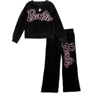 image:imageBarbie Girls Velour Drop Shoulder Zip Up Hoodie and Flare Pants Outfit Set Toddler to Big Kid Sizes 2T  1416Black