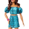 image:imageBarbie Fashionistas Style Doll 248 with Black Hair  Wearing Blue Floral Shorts with Blue Floral Tank Top Silver ShoesTeal Animal Print