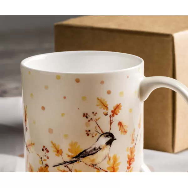 Maison d Hermine Coffee Mug with Handles Easy to Hold 12 Oz Fine Bone China Mug Pack of Two for Hot Beverages Cappuccino Cocoa Milk Other Liquid Office Botanical Fresh  Meadow22  Oak Leaves  Jay  Friends