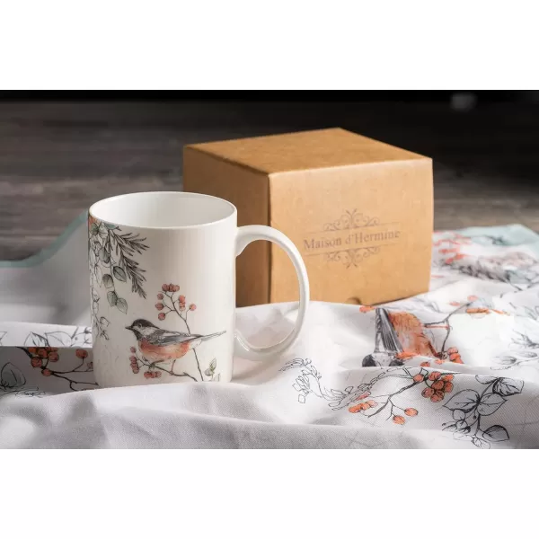 Maison d Hermine Coffee Mug with Handles Fine Bone China Mug Pack of One for Hot Beverages  Coffee Cappuccino Latte Home Office Perfect Gifts for Mothers Day Men ampamp WomenSous  Bois  Foret 12 Oz15  Whitish Shabby Chique  Winter Robin