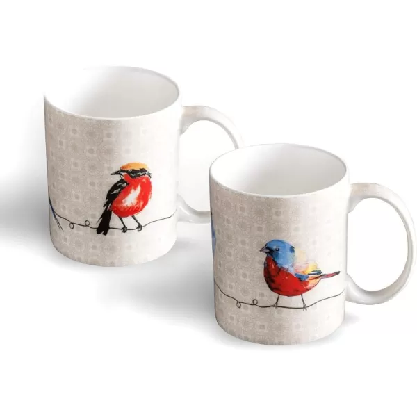 Maison d Hermine Coffee Mug with Handles Easy to Hold 12 Oz Fine Bone China Mug Pack of Two for Hot Beverages Cappuccino Cocoa Milk Other Liquid Office Botanical Fresh  Meadow07  Birdies On Wire