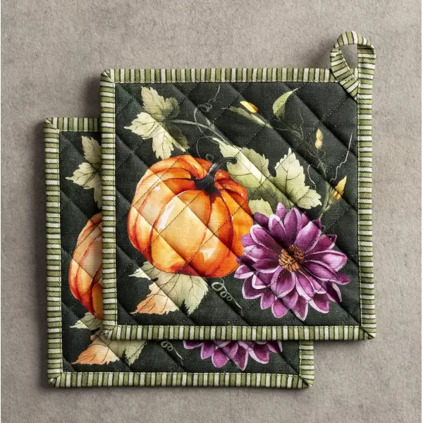 imageMaison d Hermine Hotpads 100 Cotton Set of 2 Pot Holder 8quotx8quot with Loop Heat Resistant Kitchen Pot Holders for Microwave Barbeque Handling Hot Pans Kelim  Prairie  ThanksgivingChristmas9  Pumpkin Garden  Dark Green