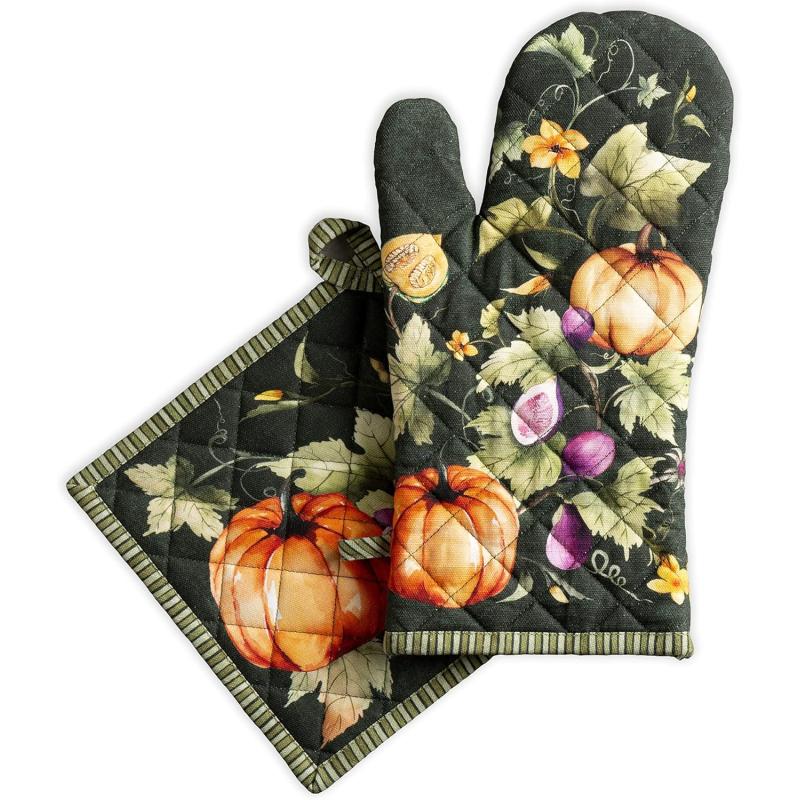 imageMaison d Hermine Oven Mitts  Pot Holders 100 Cotton Heat Resistant Oven Mitt 75quotx13quot ampamp Pot Holder 8quotx8quot Cooking BBQ Baking Grilling Fruit DHiver ThanksgivingChristmas9  Pumpkin Garden  Dark Green