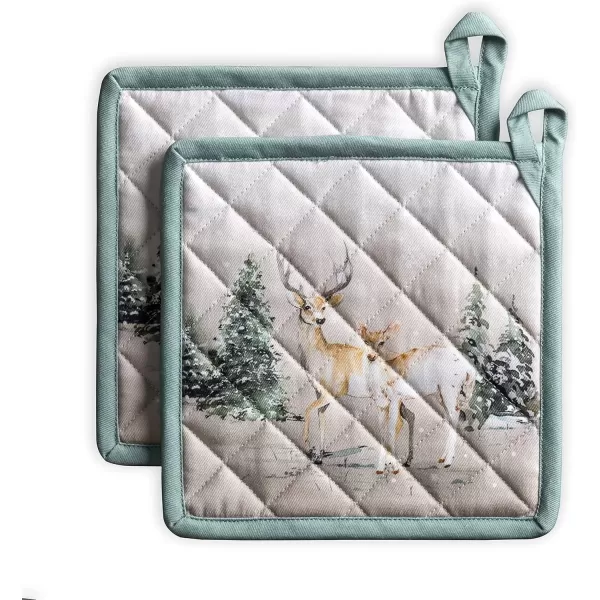imageMaison d Hermine Pot Holder 100 Cotton Potholder Set of 2 Heat Resistant 8quotx8quot with Loop Hot Pads Kitchen Baking Barbeque ampamp Microwave Kalahari  ThanksgivingChristmas11  Deer in the Woods