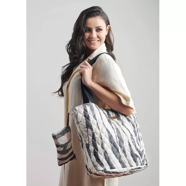 imageMaison d Hermine Shopping Bag Cotton Quilted Tote Bag with Zipper Pockets ampamp Small Pouch Grocery Bag for Work Travel Lunch18  Zebra