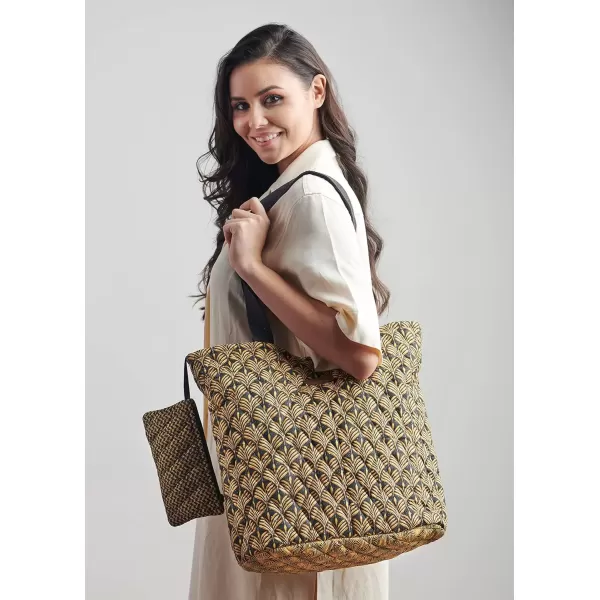 imageMaison d Hermine Shopping Bag Cotton Quilted Tote Bag with Zipper Pockets ampamp Small Pouch Grocery Bag for Work Travel Lunch21  Art Deco