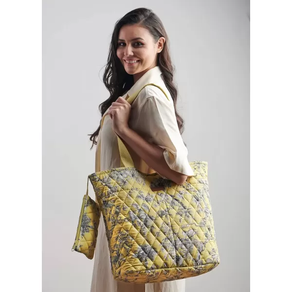imageMaison d Hermine Shopping Bag Cotton Quilted Tote Bag with Zipper Pockets ampamp Small Pouch Grocery Bag for Work Travel Lunch24  Bonobo  Yellow