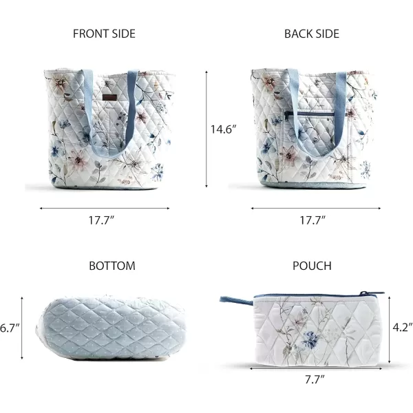 imageMaison d Hermine Shopping Bag Cotton Quilted Tote Bag with Zipper Pockets ampamp Small Pouch Grocery Bag for Work Travel Lunch26  Ice Florals