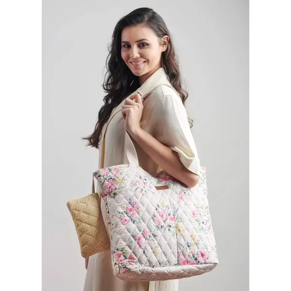 imageMaison d Hermine Shopping Bag Cotton Quilted Tote Bag with Zipper Pockets ampamp Small Pouch Grocery Bag for Work Travel Lunch3  Sweet Rose Lavender  Lush