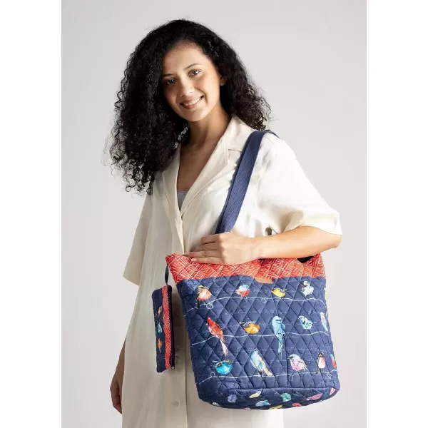imageMaison d Hermine Shopping Bag Cotton Quilted Tote Bag with Zipper Pockets ampamp Small Pouch Grocery Bag for Work Travel Lunch30  Birdies on Wire