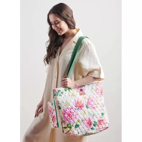 imageMaison d Hermine Shopping Bag Cotton Quilted Tote Bag with Zipper Pockets ampamp Small Pouch Grocery Bag for Work Travel Lunch33  Pivoine