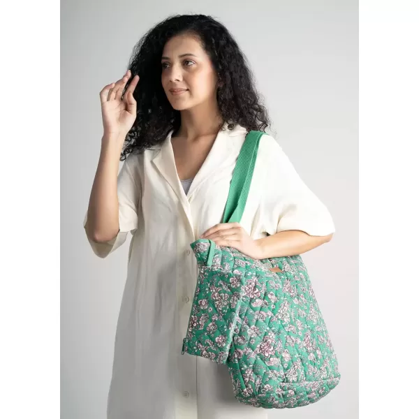 imageMaison d Hermine Shopping Bag Cotton Quilted Tote Bag with Zipper Pockets ampamp Small Pouch Grocery Bag for Work Travel Lunch34  Surya  Green