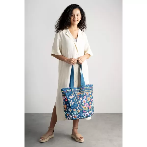 imageMaison d Hermine Shopping Bag Cotton Quilted Tote Bag with Zipper Pockets ampamp Small Pouch Grocery Bag for Work Travel Lunch36  Happy Florals  Blue