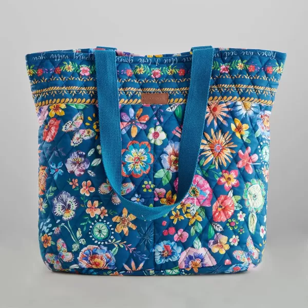 imageMaison d Hermine Shopping Bag Cotton Quilted Tote Bag with Zipper Pockets ampamp Small Pouch Grocery Bag for Work Travel Lunch36  Happy Florals  Blue