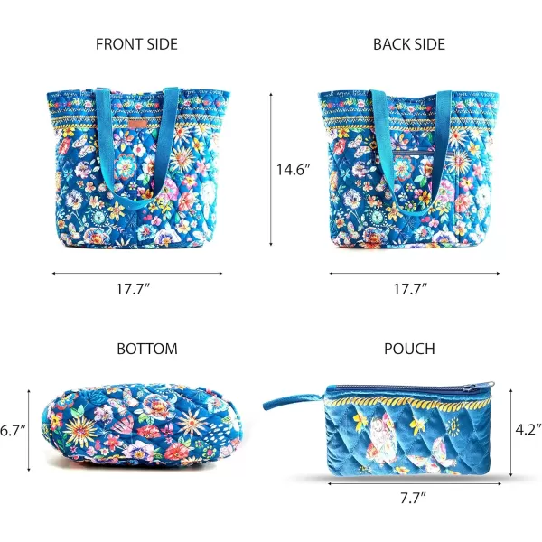 imageMaison d Hermine Shopping Bag Cotton Quilted Tote Bag with Zipper Pockets ampamp Small Pouch Grocery Bag for Work Travel Lunch36  Happy Florals  Blue