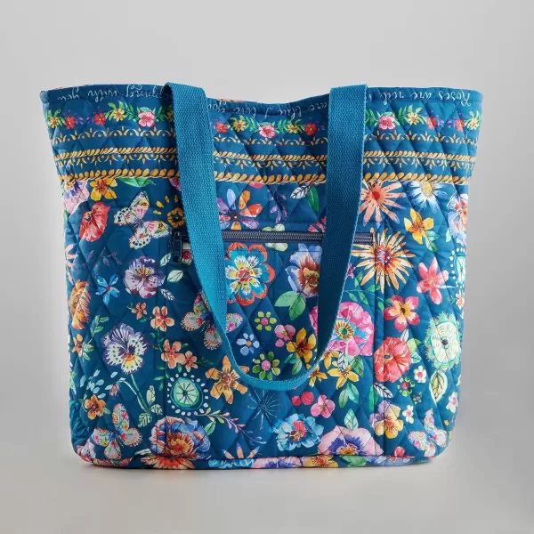 imageMaison d Hermine Shopping Bag Cotton Quilted Tote Bag with Zipper Pockets ampamp Small Pouch Grocery Bag for Work Travel Lunch36  Happy Florals  Blue