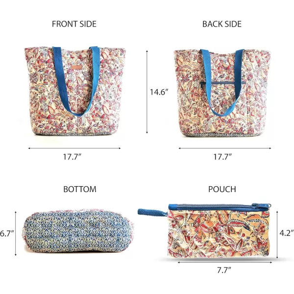 imageMaison d Hermine Shopping Bag Cotton Quilted Tote Bag with Zipper Pockets ampamp Small Pouch Grocery Bag for Work Travel Lunch37  Kerala  Blue