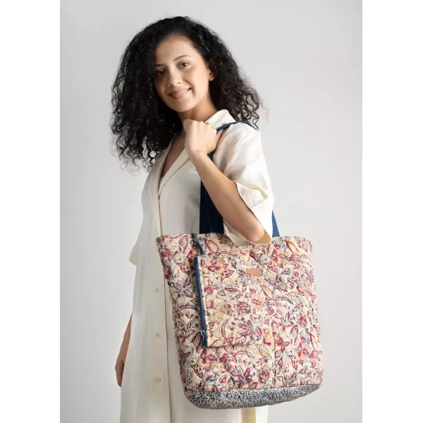 imageMaison d Hermine Shopping Bag Cotton Quilted Tote Bag with Zipper Pockets ampamp Small Pouch Grocery Bag for Work Travel Lunch37  Kerala  Blue