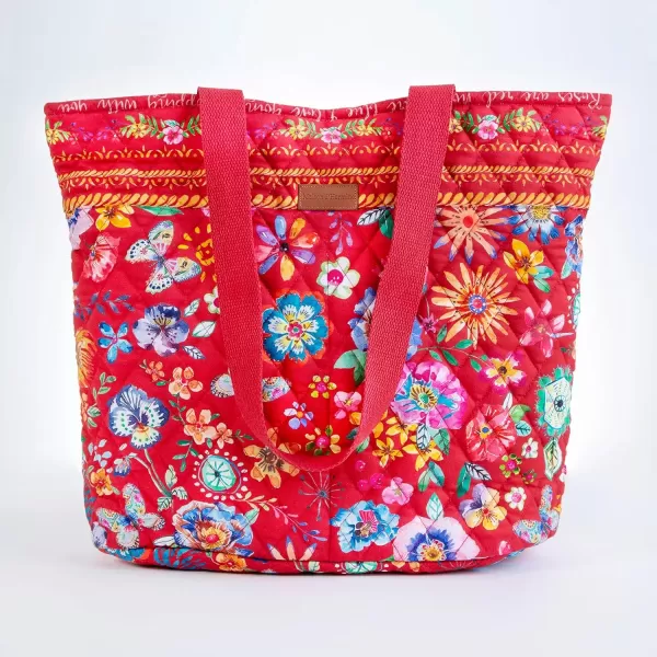 imageMaison d Hermine Shopping Bag Cotton Quilted Tote Bag with Zipper Pockets ampamp Small Pouch Grocery Bag for Work Travel Lunch38  Happy Florals  Red