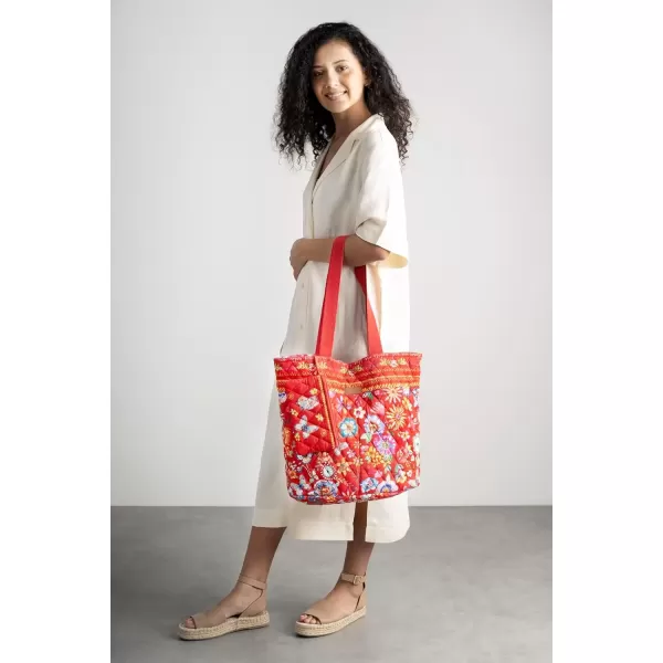 imageMaison d Hermine Shopping Bag Cotton Quilted Tote Bag with Zipper Pockets ampamp Small Pouch Grocery Bag for Work Travel Lunch38  Happy Florals  Red