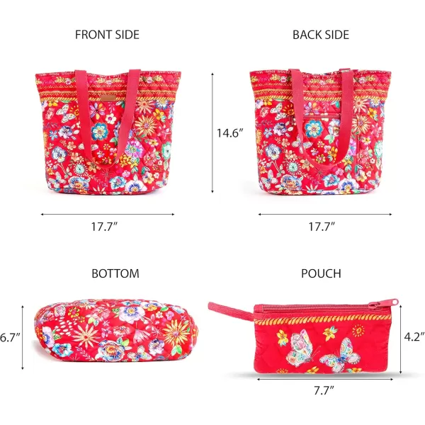 imageMaison d Hermine Shopping Bag Cotton Quilted Tote Bag with Zipper Pockets ampamp Small Pouch Grocery Bag for Work Travel Lunch38  Happy Florals  Red