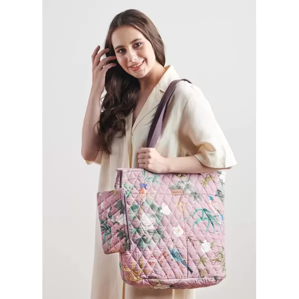 imageMaison d Hermine Shopping Bag Cotton Quilted Tote Bag with Zipper Pockets ampamp Small Pouch Grocery Bag for Work Travel Lunch39  Hokuzai  Violet