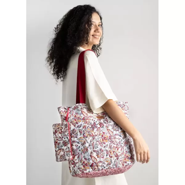 imageMaison d Hermine Shopping Bag Cotton Quilted Tote Bag with Zipper Pockets ampamp Small Pouch Grocery Bag for Work Travel Lunch41  Kerala  Red