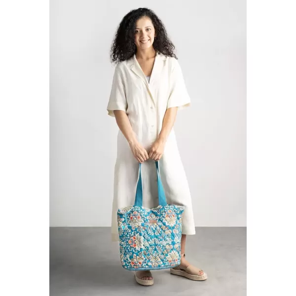 imageMaison d Hermine Shopping Bag Cotton Quilted Tote Bag with Zipper Pockets ampamp Small Pouch Grocery Bag for Work Travel Lunch44  Marquise  Blue