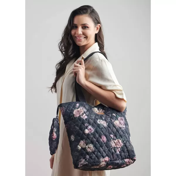 imageMaison d Hermine Shopping Bag Cotton Quilted Tote Bag with Zipper Pockets ampamp Small Pouch Grocery Bag for Work Travel Lunch5  Moody Florals