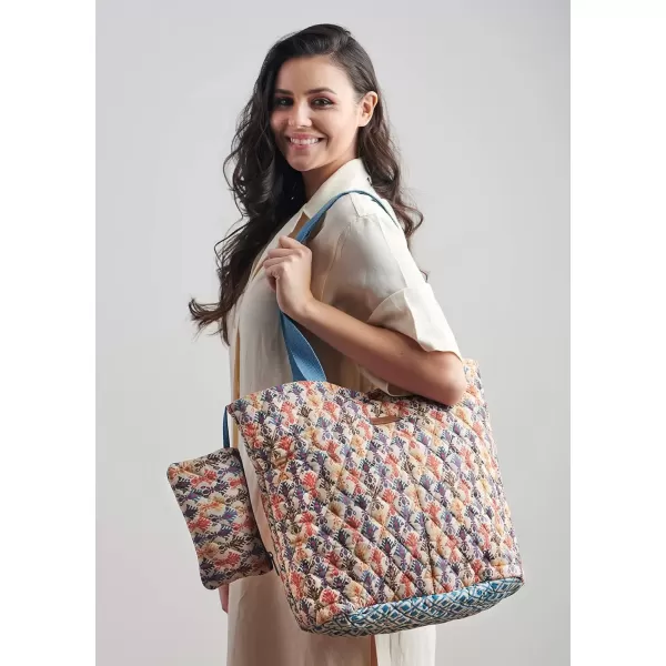 imageMaison d Hermine Shopping Bag Cotton Quilted Tote Bag with Zipper Pockets ampamp Small Pouch Grocery Bag for Work Travel Lunch50  Ikat  Akira