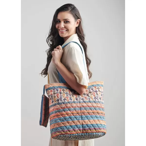 imageMaison d Hermine Shopping Bag Cotton Quilted Tote Bag with Zipper Pockets ampamp Small Pouch Grocery Bag for Work Travel Lunch50  Ikat  Kenji