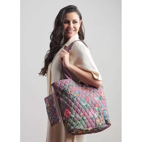imageMaison d Hermine Shopping Bag Cotton Quilted Tote Bag with Zipper Pockets ampamp Small Pouch Grocery Bag for Work Travel Lunch8  Eden  Violet