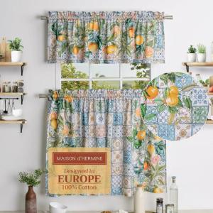 imageMaison d Hermine Limoncello 100 Cotton Set of 3 Kitchen Rod Pocket Window Curtain for Cafe  Kitchen  Bedroom  Home 2 Tiers 28quotX36quot and 1 Valance 56quotX18quot26  Agrume