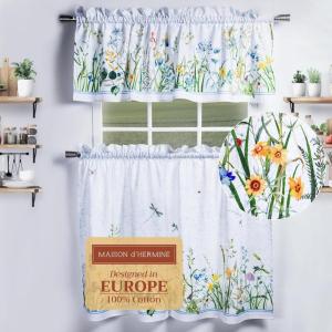 imageMaison d Hermine Cedrat 100 Cotton Set of 3 Kitchen Rod Pocket Window Curtain for Cafe  Kitchen  Bedroom  Home 2 Tiers 28quotX36quot and 1 Valance 56quotX18quot01  Fleurs De Mai