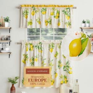 imageMaison d Hermine Cedrat 100 Cotton Set of 3 Kitchen Rod Pocket Window Curtain for Cafe  Kitchen  Bedroom  Home 2 Tiers 28quotX36quot and 1 Valance 56quotX18quot24  Limoncello