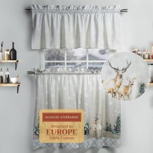 imageMaison d Hermine Cedrat 100 Cotton Set of 3 Kitchen Rod Pocket Window Curtain for Cafe  Kitchen  Bedroom  Home 2 Tiers 28quotX36quot and 1 Valance 56quotX18quot13  Deer in the Woods
