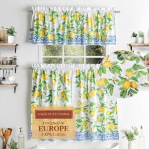 imageMaison d Hermine Cedrat 100 Cotton Set of 3 Kitchen Rod Pocket Window Curtain for Cafe  Kitchen  Bedroom  Home 2 Tiers 28quotX36quot and 1 Valance 56quotX18quot40  Cedrat