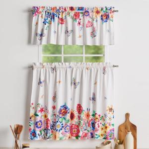 imageMaison d Hermine Kitchen Curtains Sets for Windows 100 Cotton Set of Kitchen Curtains Valances for Home 2 Tiers 28quotX36quot and 1 Valance 56quotX18quot Farmhouse Cafe Dalida32  Happy Floralhigh Summer