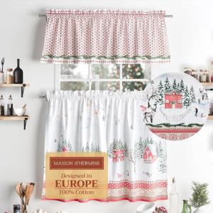 imageMaison d Hermine Kitchen Curtains Sets for Windows 100 Cotton Set of Kitchen Curtains Valances for Home 2 Tiers 28quotX36quot and 1 Valance 56quotX18quot Farmhouse Cafe Rural Christmas22  Rural Christmas