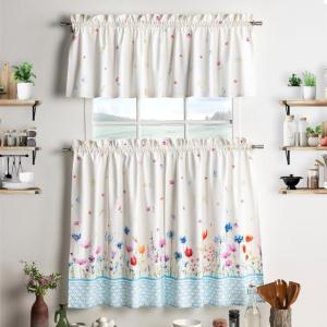 imageMaison d Hermine Kitchen Curtains Sets for Windows 100 Cotton Set of Kitchen Curtains Valances for Home 2 Tiers 28quotX36quot and 1 Valance 56quotX18quot Farmhouse Cafe Dalida30  Flower in the Field