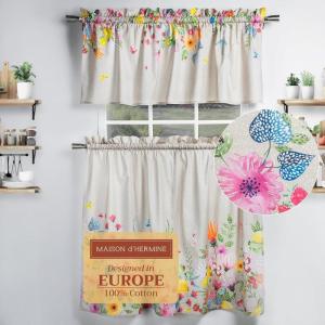 imageMaison d Hermine Kitchen Curtains Sets for Windows 100 Cotton Set of Kitchen Curtains Valances for Home 2 Tiers 28quotX36quot and 1 Valance 56quotX18quot Farmhouse Cafe Dalida07  Jardin Dete  Fog