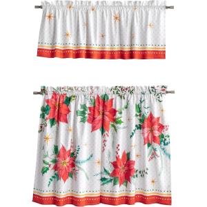 imageMaison d Hermine Kitchen Curtains Sets for Windows 100 Cotton Set of Kitchen Curtains Valances for Home 2 Tiers 28quotX36quot and 1 Valance 56quotX18quot Farmhouse Cafe Rural Christmas24  Poinsettia Christmas
